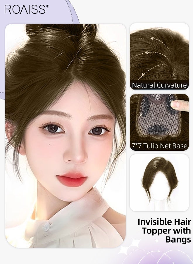 رويس قطعة شعر نسائية غير مرئية بدون خياطة، غرة أنيقة مفروقة من المنتصف، قطعة شعر شبكية داخلية رقيقة تسمح بمرور الهواء، مناسبة للنساء اللواتي يعانين من تساقط شعر خفيف، تغطي الشعر الرمادي وتزيد من كثافة الشعر، بني فاتح، 7×7 سم - Image 1